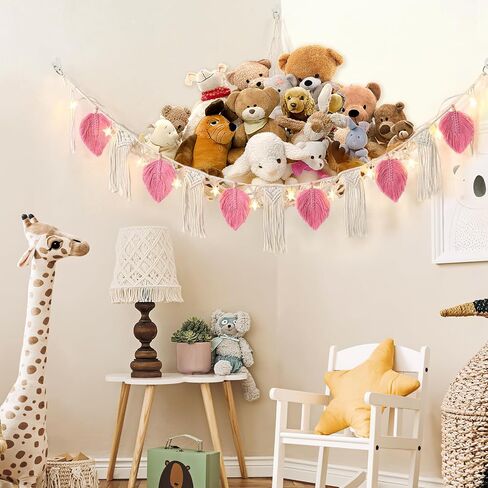 Dremisland Stuffed Animal Toy Net Hammock with Star Light Boho Leaf Macrame Tassel Corner Toy Organizer Bohemian Woven Decor Display Holder for Girls Room Nursery Kids Bedroom Play Room Decor (Green) in Saudi Arabia