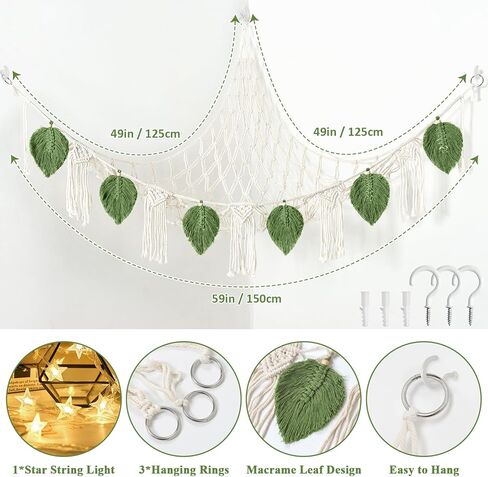 Dremisland Stuffed Animal Toy Net Hammock with Star Light Boho Leaf Macrame Tassel Corner Toy Organizer Bohemian Woven Decor Display Holder for Girls Room Nursery Kids Bedroom Play Room Decor (Green) in Kuwait