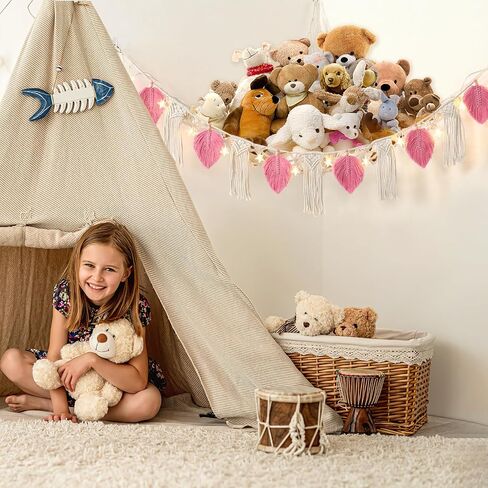 Dremisland Stuffed Animal Toy Net Hammock with Star Light Boho Leaf Macrame Tassel Corner Toy Organizer Bohemian Woven Decor Display Holder for Girls Room Nursery Kids Bedroom Play Room Decor (Green) in Saudi Arabia