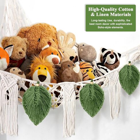 Dremisland Stuffed Animal Toy Net Hammock with Star Light Boho Leaf Macrame Tassel Corner Toy Organizer Bohemian Woven Decor Display Holder for Girls Room Nursery Kids Bedroom Play Room Decor (Green) in Kuwait