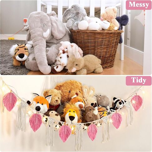 Dremisland Stuffed Animal Toy Net Hammock with Star Light Boho Leaf Macrame Tassel Corner Toy Organizer Bohemian Woven Decor Display Holder for Girls Room Nursery Kids Bedroom Play Room Decor (Green) in Saudi Arabia
