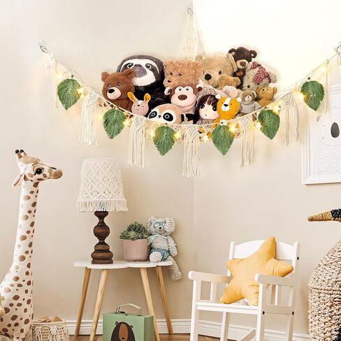 Dremisland Stuffed Animal Toy Net Hammock with Star Light Boho Leaf Macrame Tassel Corner Toy Organizer Bohemian Woven Decor Display Holder for Girls Room Nursery Kids Bedroom Play Room Decor (Green) in Kuwait