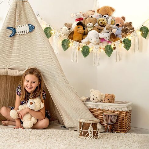 Dremisland Stuffed Animal Toy Net Hammock with Star Light Boho Leaf Macrame Tassel Corner Toy Organizer Bohemian Woven Decor Display Holder for Girls Room Nursery Kids Bedroom Play Room Decor (Green) in Kuwait