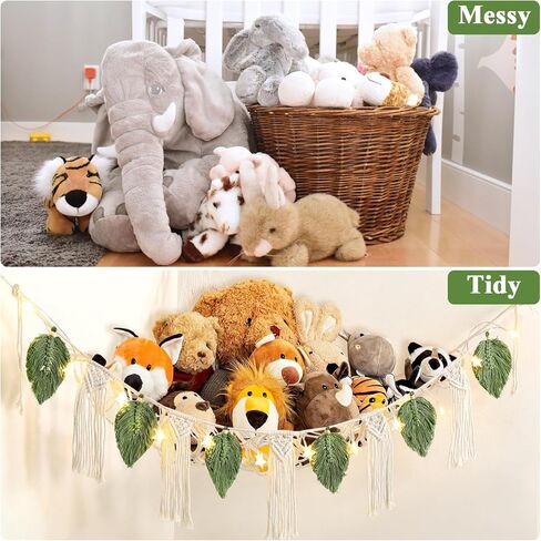 Dremisland Stuffed Animal Toy Net Hammock with Star Light Boho Leaf Macrame Tassel Corner Toy Organizer Bohemian Woven Decor Display Holder for Girls Room Nursery Kids Bedroom Play Room Decor (Green) in Kuwait