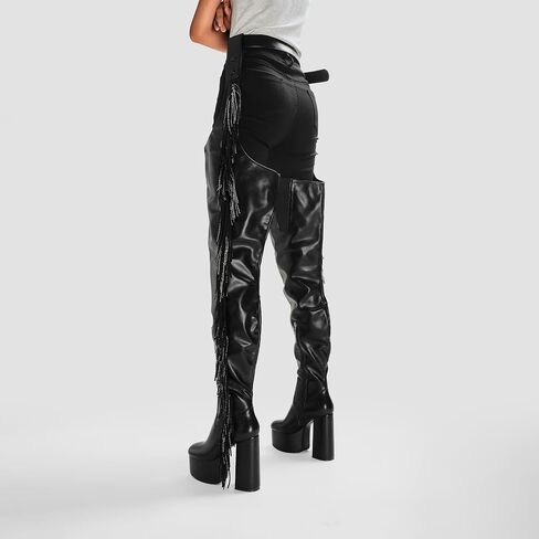 DETOGNI Women's Belted Over The Knee Platform Long Boots Fringes Silver Shine Studs Block Heels Thigh High Boots in Saudi Arabia