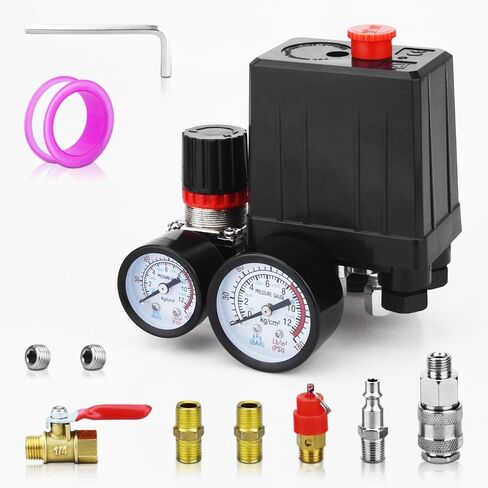 Universal Air Compressor Pressure Switch Control Valve (90-120 PSI, 110V-240V) with 0-180 PSI Regulator and Safety Pressure Relief Valve - 4 Way Replacement Part (90-120PSI-007)123 in Saudi Arabia
