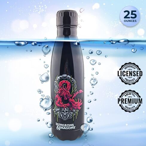 زجاجة مياه من الفولاذ المقاوم للصدأ من JUST FUNKY Dungeons and Dragons | حاوية سفر 25 أونصة | يضم TheEye of the Beholder وشعار DND | مرخص رسميًا in Kuwait