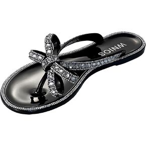 Womens Flat Sandals Jelly Flip Flops Crystals Rhinestones Bow Knot Glitter Sandals