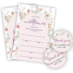 Baby Shower Invitations - Our Little Wildflower Is Almost Here, 20 Fill In Watercolor Floral Invites With Envelopes And Stickers For Girl Boy, Gender Reveal Games, Party Favors And Supplies - A07