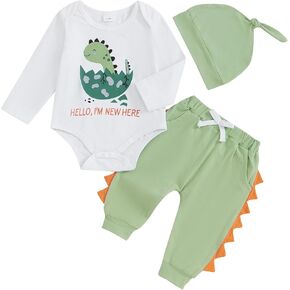 Baby Boys Pants Set Long Sleeve Crew Neck Dinosaur Print Romper Contrast Color Sweatpants Hat Newborn Fall Outfits
