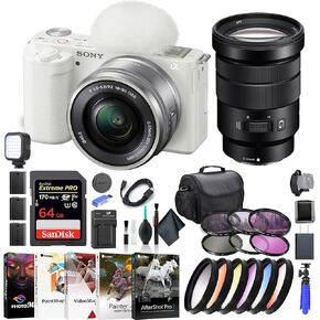 Sony ZV-E10 Mirrorless Camera with 16-50mm Lens White ILCZV-E10L/W, Sony 18-105mm Lens, 64GB Memory Card, Color Filter Kit, Filter Kit, Corel Photo Software, Bag, and More