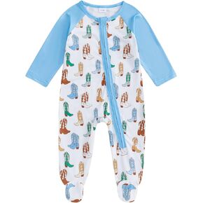 BULINGNA Newborn Infant Baby Boy Fall Footie Jumpsuit Patchwork Zip Up Boots Print Western Cowboy Romper One Piece Outfit