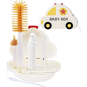 Travel Baby Bottle Brush Set - 7 in 1 Baby Bottle Cleaning Set with Silicone Brush, Nipple Brush, Straw Brush, Soap Dispenser, Drying Rack & Storage Box, Compact for Home,Travel,Working Mom,Camping