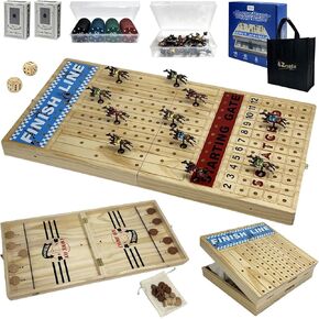 Large 23 inches Horse Racing Board Game with 11 Luxury Metal Horses, Foldable Wood Horse Race Board Game with 2 Sets of Dice, 2 Boxes of Cards for Parties and Gambling