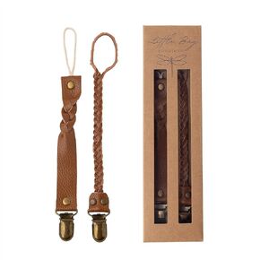 Little Bug Boutique 2-Pack Leather Pacifier Clips - Neutral Pacifier Holders for Baby Girls & Boys, 100% Litchi Leather Paci & Binky Clips, Versatile Clip or Strap for Toys & Teethers (Camel Brown)