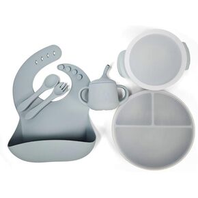 Silicone Baby Feeding Set, Baby Led Weaning Supplies, Divided Suction Plate, Suction Bowl, Lids, Training Cup, Bib, Self-Feeding Utensils
