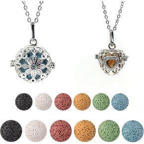 2PCS Aromatherapy Essential Oil Diffuser Necklace Love Heart and Hollow Ball Locket Pendant Necklace with Lava Bead Stone for Women