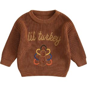 Baby Thanksgiving Sweaters Long Sleeve Little Turkey Embroidery Knit Tops Toddler Thanksgiving Sweatshirts