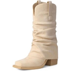 Women's Suede Square Toe Cowboy Boots Fold Over Cowgirl Boots Pull On Chunky Heel Mid Calf Boots Fashion Casual Boots