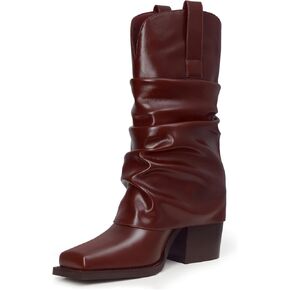 Women's Suede Square Toe Cowboy Boots Fold Over Cowgirl Boots Pull On Chunky Heel Mid Calf Boots Fashion Casual Boots