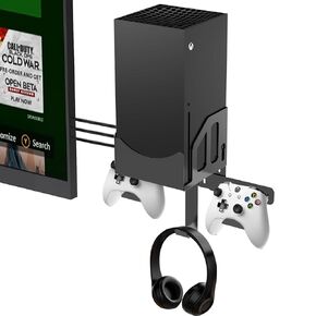 Wall Mount Kit for Xbox Series X - Black Metal with Controller Holder & Headphone Hanger, Designed for Accessory Mounting Near Your TV.