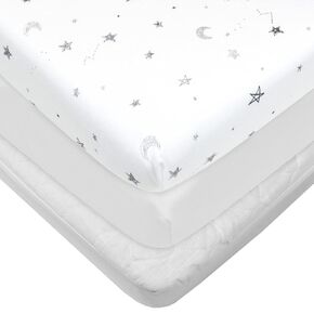 American Baby Company Bassinet Set, 100% Cotton Fitted Bassinet Sheet (2 Pack) and a Waterprrof Quitled Bassinet Mattress Pad Cover, Gray Star and White, for Boys and Girls
