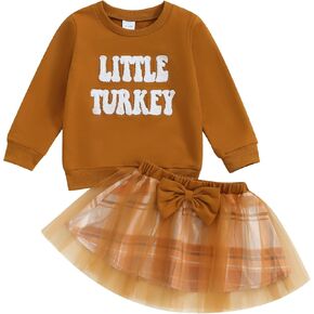 Toddler Baby Girl Fall Winter Clothes Letter Print Crewneck Sweatshirt Plaid Tutu Tulle Skirts Thanksgiving Outfit