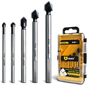 Masonry Drill Bits Set - Glass Drill Bits for Tiles, Ceramics, Porcelain, Glass, Plastic, Wood, Mirrors, Masonry, Bricks - Multi-Material Carbide Tipped Drill Bits - 5 Pcs GRAFF