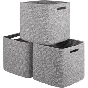 Storage Cube 3 Pack, Woven Rope Storage Baskets for Organizing, 11 * 11 Inches Shelf Basket|Cube Storage Bin|Square Baskets for Living Room, Baby Nursery Room-Black