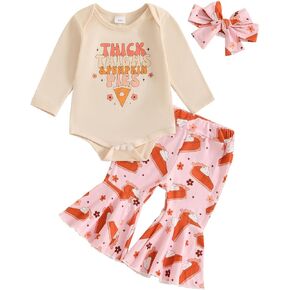 Lamuusaa Newborn Baby Girl Thanksgiving Outfit ''Thick Thighs & Pumpkin Pies'' Long Sleeve Romper Flared Pants Headband Set