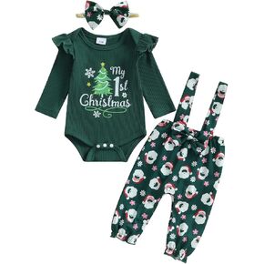 Newborn Baby Girl Christmas Outfit Christmas Tree Print Long Sleeve Romper Suspender Pant Fall Winter Clothes 3Pcs