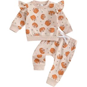 Toddler Girl Halloween Outfits Baby Pumpkin Ruffle Crewneck Sweatshirt Top Pant Set Infant Cute Fall Winter Clothes