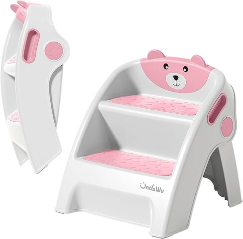UNCLE WU Step Stool for Kids, Foldable Anti-Slip 2-Step, Lightweight, Safety Handles - Toilet Potty Training, Toddler Ladder Bathroom Sink,Kitchen Counter Stool Helper (Gray White) Small in Saudi Arabia