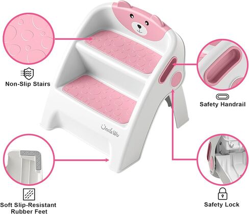UNCLE WU Step Stool for Kids, Foldable Anti-Slip 2-Step, Lightweight, Safety Handles - Toilet Potty Training, Toddler Ladder Bathroom Sink,Kitchen Counter Stool Helper (Gray White) Small in Saudi Arabia