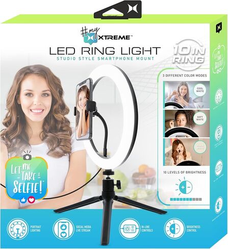 حلقة إضاءة LED مقاس 10 بوصات من Xtreme، حامل هاتف عالمي، مع حامل ثلاثي القوائم وإعدادات سطوع متعددة، وكابل USB in Kuwait