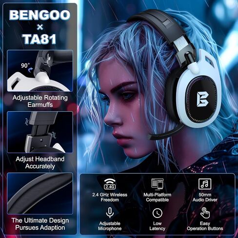 BENGOO Wireless Gaming Headset for PS5 PS4 PC Mac Nintendo Switch, Bluetooth Over-Ear Headphones with Noise Isolating Microphone, Low Latency, RGB, 50H Battery, Wired Mode for Xbox Series - Black in Saudi Arabia