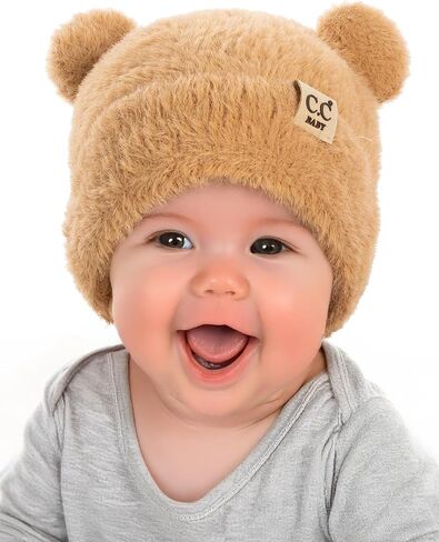 Funky Baby Infant Beanie Baby Winter Hats Teddy Bear Ear Girl Boy Cute Striped Patch Knit Warm Caps in Saudi Arabia
