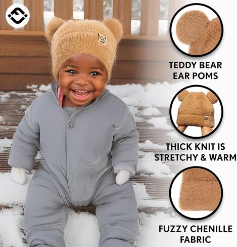 Funky Baby Infant Beanie Baby Winter Hats Teddy Bear Ear Girl Boy Cute Striped Patch Knit Warm Caps in Saudi Arabia