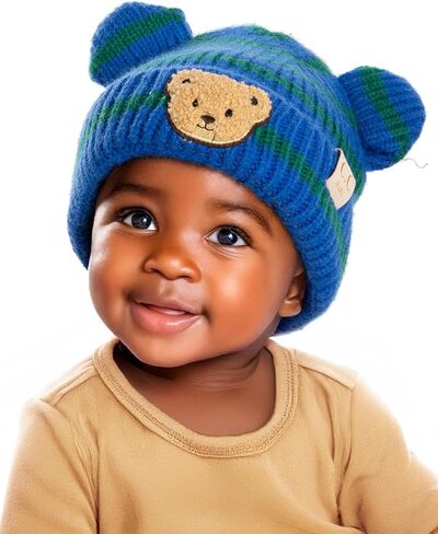 Funky Baby Infant Beanie Baby Winter Hats Teddy Bear Ear Girl Boy Cute Striped Patch Knit Warm Caps in Saudi Arabia