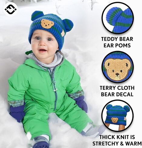 Funky Baby Infant Beanie Baby Winter Hats Teddy Bear Ear Girl Boy Cute Striped Patch Knit Warm Caps in Saudi Arabia