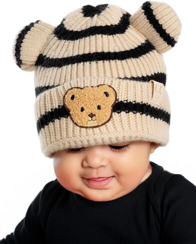 Funky Baby Infant Beanie Baby Winter Hats Teddy Bear Ear Girl Boy Cute Striped Patch Knit Warm Caps in Saudi Arabia