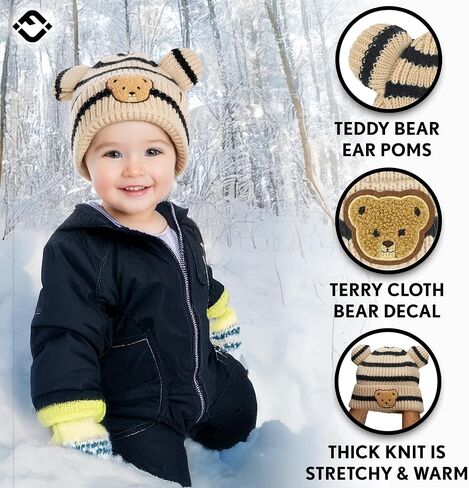 Funky Baby Infant Beanie Baby Winter Hats Teddy Bear Ear Girl Boy Cute Striped Patch Knit Warm Caps in Saudi Arabia