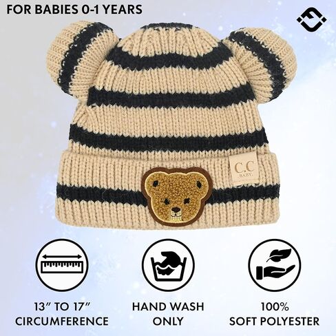 Funky Baby Infant Beanie Baby Winter Hats Teddy Bear Ear Girl Boy Cute Striped Patch Knit Warm Caps in Saudi Arabia