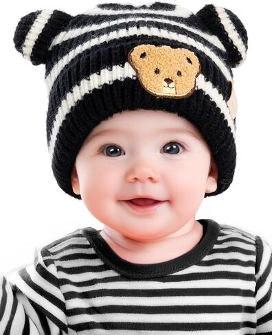 Funky Baby Infant Beanie Baby Winter Hats Teddy Bear Ear Girl Boy Cute Striped Patch Knit Warm Caps in Saudi Arabia