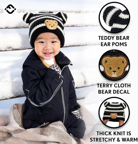 Funky Baby Infant Beanie Baby Winter Hats Teddy Bear Ear Girl Boy Cute Striped Patch Knit Warm Caps in Saudi Arabia