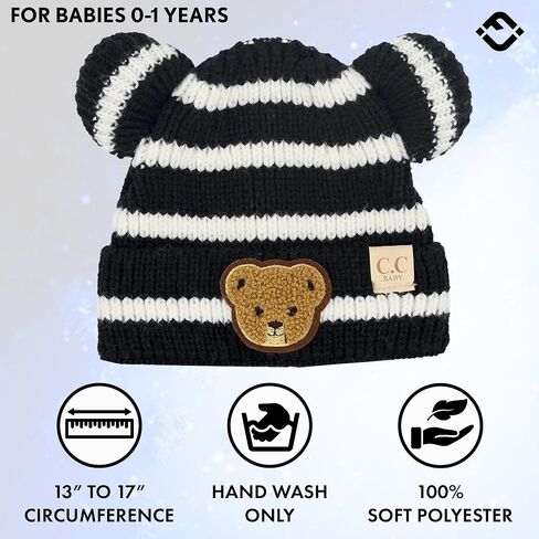 Funky Baby Infant Beanie Baby Winter Hats Teddy Bear Ear Girl Boy Cute Striped Patch Knit Warm Caps in Saudi Arabia