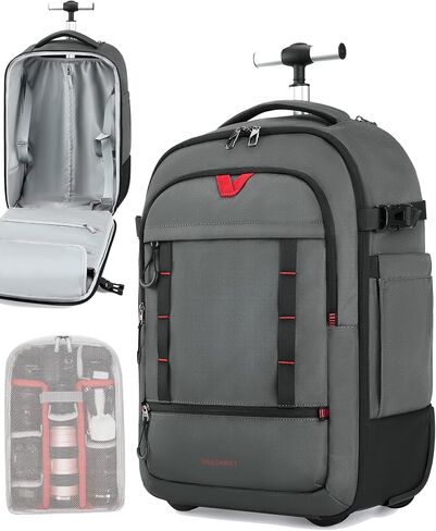 BAGSMART Rolling Camera Bag, Camera Roller Backpack for DSLRs, Professional Camera Backpack for Travelling Photographer, Photographic Rolling Case & Travel Suitcase, Grey in Saudi Arabia
