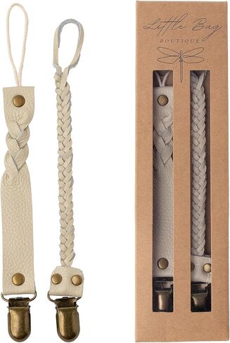 Little Bug Boutique 2-Pack Leather Pacifier Clips - Neutral Pacifier Holders for Baby Girls & Boys, 100% Litchi Leather Paci & Binky Clips, Versatile Clip or Strap for Toys & Teethers (Camel Brown) in Saudi Arabia