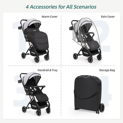 Baby Stroller, Lightweight Stroller w/Snack Tray, Footmuff, Raincover, Cup Holder & Travelbag, Travel Stroller w/All-Scene Suspension System, compact Toddler Stroller Large Basket (Black) in Saudi Arabia
