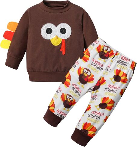 My First Thanksgiving Baby Boy Outfit, Cute Turkey Print Outfit Long Sleeve Top + Pants Clothes Set in Kuwait